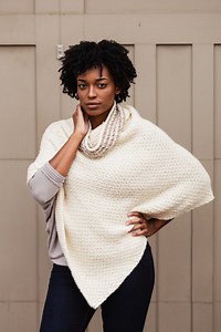 The Hot Cocoa Poncho, a Tunisian Crochet Wrap with Striped Cowl Neck