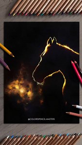 Horse with glowing golden breath on black paper by artist Art Hacker (Douyin) — a striking colored pencil artwork where luminous highlights emerge from deep darkness. Masterful control of contrast and layering transforms simple lines into radiant energy, giving the horse an ethereal, almost mythical presence. Artist: Art Hacker (Douyin) #coloredpencildrawing #blackpaperart #horseart #glowart #coloredpencilart #drawingtechniques #horse | Color Pencil Masters