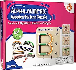 Butterfly EduFields Wooden Alphabets Numbers Construction Puzzle for Kids 3 Years 4 5 Years Boys Girls Preschool Learning Pack | Stacking Blocks Shape Colour Sorter Pegboard Kit