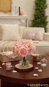 Silk Peonies Artificial Flowers in Glass Vase with Fake Water, Pink Faux Silk Peony Rose with Hydrangea Flower Bouquet with Vase as Dining Table Centerpieces for Home Wedding Party Decor & Mom's Gift