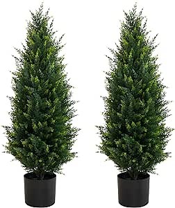 Two 35''Outdoor Artificial Cedar Trees Artificial Topiary Shrubs UV Resistant Potted Plants Faux Cedar Pines,Front Porch Garden Home Indoor Outdoor Decor Artificial Outdoor Tree