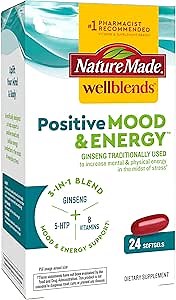 Nature Made Wellblends Positive Mood & Energy, 5HTP, Thiamin, Niacin, Vitamin B6, Vitamin B12, and Pantothenic Acid, plus Ginseng, 24 Softgels