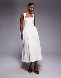Rare London gathered waist detail curved strap midaxi dress in cream | ASOS