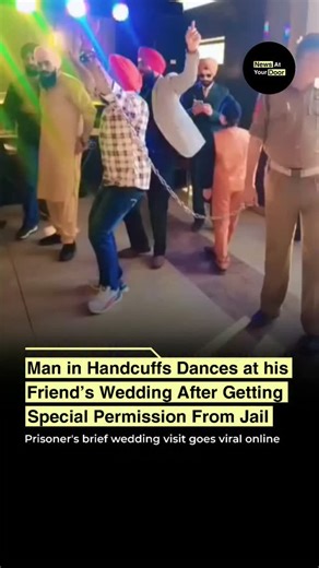 News At Your Door | India on Instagram: "A surprising moment is going viral online after a man, brought to his friend’s wedding in handcuffs, was allowed special permission by jail authorities to attend the ceremony. In the video, he can be seen dancing joyfully surrounded by friends, who cheer him on despite the restraints. The unusual scene highlights a strong bond of friendship and the rare gesture of allowing an inmate to join such a personal celebration. Viewers online are calling the clip 