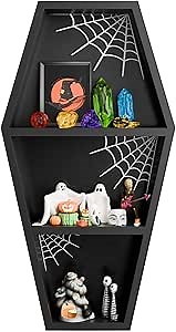 Goth Coffin Bookshelf 24 Inches with Spider Web, Wooden Tall Coffin Shelf Stand Gothic Decor, Crystal Shelf for Display, Black Spooky Curio Shelf