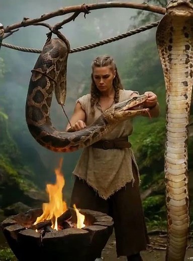 Woman Grills a Giant Python in the Wild