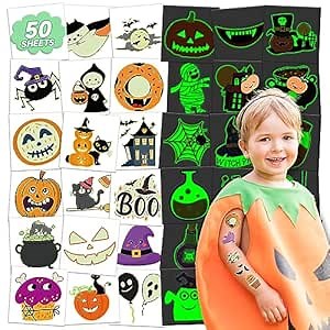 EMOME 50 Sheets Glow Halloween Tattoos for Kids, Cute Pumpkin Kid Temporary Tattoos Stickers, Halloween Party Favors Supplies Decoration Treats Bags for Boys Girls
