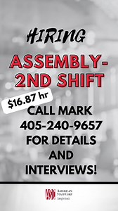HIRING ASSEMBLY- 2ND SHIFT Basic assembly, mechanical aptitude a definite Assembly of AC units as shown by their supervisor and any other warehouse tasks asked of them. Must be a hard worker and able to work in a fast-paced environment. This position is a temp to hire. Monday-Thurs with frequent mandatory overtime on Fridays and sometimes Saturdays. Pay starts at $16.87 and this is a Temp to Perm position! CALL MARK 405-240-9657 FOR DETAILS AND INTERVIEWS! #assembly #2ndshift #hiring #jobopportu