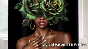 MESHELLY African American Shower Curtain 72Wx72H Black Lady Woman Girl Afro Green Gold Rose Modern Flower Bathroom Curtain Peony Floral Pretty Bath Curtain Bathroom Accessories Decor with 12 Hook
