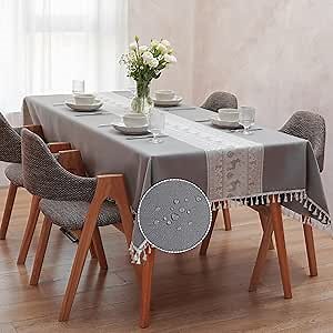 Jacquard Tablecloth, Waterproof, Square Table Cover with Tassels for Dining Room, Kitchen, Couch, Farmhouse, Party, Holiday Feast (Gray & White, 55 x 55 Inch)