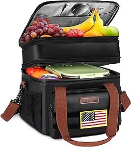 LOKASS Lunch Box for Men,16L Double Deck Expandable Insulated Lunch Bag for Women/Adults Thermal Large Waterproof Leakproof Lunchbox for Work with Shoulder Strap for Work, Camping, Picnic - Black