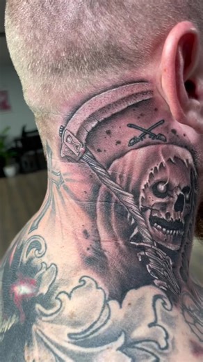 Cool Zombie Neck Tattoo Featuring Grim Reaper