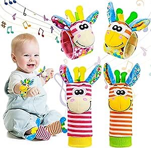Baby Wrist Rattles Soft Sock - Baby Hand Feet Toys Newborn Foot Finder Socks Set Arm Rattles Ankle Babies Animals Sock Toy for Infants Toddlers Girls Boys (4PC)