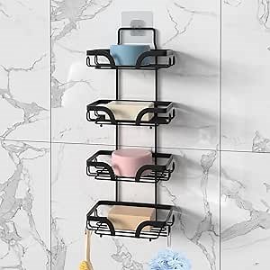 Soap Bar Holder for Shower Wall, 4 tier Drill-Free Shampoo Caddy Dish with Hanger 2 in 1, Stainless Steel Self-Draining Hanging or Stand Rack for Bathroom, Tub and Kitchen Sink Multi Organizer