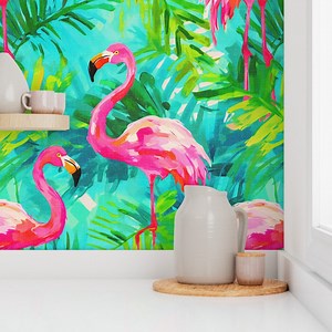Flamingo Wallpaper Tropical Green and Aqua Tropical Beach Island House Decor | Vintage Texture | Peel & Stick and Pre-pasted Wallpaper - Etsy