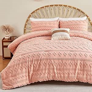 ENJOHOS Pink Boho Queen Comforter Set for Queen Size Bed, 3 Pieces Tufted Shabby Chic Bedding Comforters for All Season, Lightweight Soft Microfiber Comforter with 2 Pillow Cases