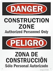 SmartSign "Danger - Construction Zone, Authorized Personnel Only" Bilingual Sign | 18" x 24" Aluminum