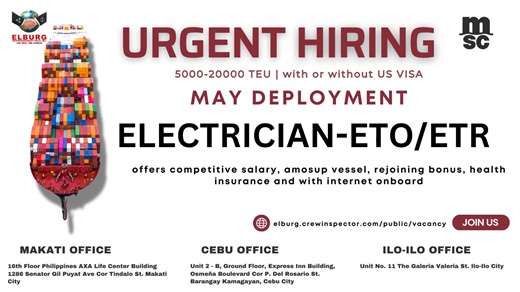 URGENT HIRING! ( MSC ) Fleet container with 5000-20000 TEUS We are offering Benefits : 1. HEALTH INSURANCE 2. AMOSUP VESSEL 3. REJOINING BONUS 4. INTERNET ONBOARD Please apply through the link: https://elburg.crewinspector.com/public/main? Or you may send us your CV via our email: recruitment@elburgshipmanagement.com.ph You can call any of our recruitment personnel as follows: Ms. Olive - 09171082777 Ms. Keisha- 09171305397 Ms. Angelita - 09188030300 Ms. Alynna- 09452683276 #containership #APPLY