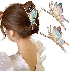 MJartoria Butterfly Diamond Hair Clips for Women Girls - Metal Claws, Gold Silver Colors, Powerful Hold (Blue+Purple)