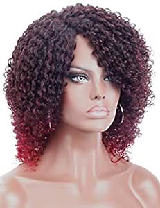 Kalyss 2 Tones Ombre Black to Wine Red Synthetic Afro Kinky Curly Wigs for Black Women Natural Looking Curved Parting Daily Wear Wig