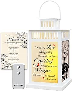 Memorial Lantern with Personalized Photo Frame Sympathy Gift for Loss of Loved One Memorial Gifts with LED Candle & Remote Control Funeral Gifts for Loss of Mother/Dad, White