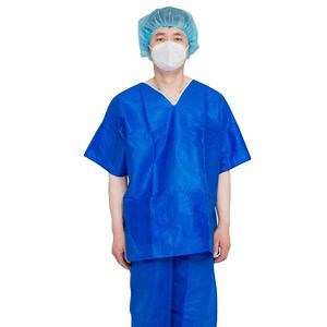 [Hot Item] Disposable SMS Scrub Suit with Short Sleeves Medical Lab Coat Protective Scrub Suit for Hospital