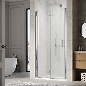 SUNNY SHOWER Pivot Shower Door Frameless Bi-fold Shower Glass Door, 1/4" Clear Glass Hinged Shower Door in Chrome Finish, 31.5-33" W x 72" H