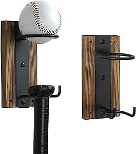 MyGift Wall Mounted Baseball Display Rack with Bat Holder, Rustic Burnt Solid Wood and Black Metal Baseball Storage, Set of 2