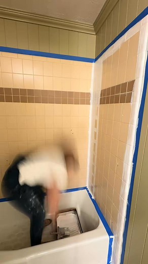 First coat of shower paint is done. I'm thinking we are all going to need to trust the process with this one 😆 #DIY #bathroomremodel #budgetbathroommakeover #bathroommakeover #showerti#188 | Michelle Johnson