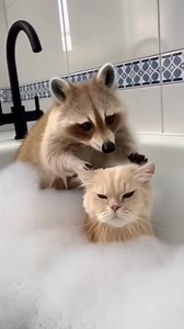 11K views · 42 reactions | Unexpected Bath Time Duo! A raccoon gives a cat a bubble bath! Generated using Kling AI . . . (For entertainment purposes only. Consult professionals if guidance on activities is presented. No brand affiliation is implied if any are shown. If inspired by true events, creative adaptations may be included. Content may include public footage.) | Tips & Tricks | Facebook
