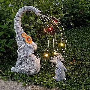 Solar Elephant Statues Light, Resin Waterproof with Sunflower Flowers and Watering Lights Strip, Outdoor Patio Lawn Garden Pathway Elephant Decor Statue, Female Birthday
