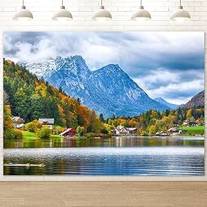 Fall Photo Backdrop Autumn Mountain Lake Scenery Backdrop 7X5FT Cloth Fabric Fall Natural Photo Tapestry Background for Photography Indoor & Outdoor Decorations, Reusable and Washable