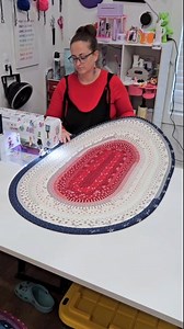 I am a sucker for a patriotic rug! 🇺🇸 This duo is Iowa bound. 🇺🇸 Size: 30 x 44 inches (40strips) Fabric: American Gatherings II Jelly Roll by Primitive Gatherings Quilt Shop for Moda Fabrics United Notions Pattern: Jelly-Roll Rug by RJ Designs The green tool i am using is the Clover USA Fabric Tube Maker. I will have more available on my website tomorrow at 5 PM CST. (Nov 5th) I teach virtual self paced Jelly-Roll Rug sewing classes based on the patterns by RJ Designs at uniquelymateo.teacha