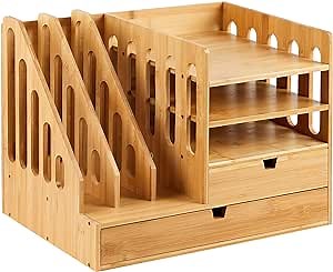 Office Desk Organizers and Accessories 2 Sliding Drawer Storage, 3 Letter Tray and 3 Upright Section, Multifunction Bamboo Wooden Desktop Organizer Supplies for Office, School, Home
