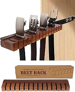 14-Slots Walnut Wood Belt Hanger with Slider, Belt Closet Organizer and Storage, Belt Hanger for Closet, Space Saving Hangers for Belt and Tie, Wooden Belt Holder, Tie Rack Tie Hanger for Men