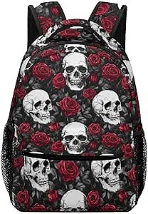 KOYI Funny Skull Backpack Gothic Skull with Roses Backpack for Kids, Novelty Goth Floral Bookbag, Water Resistant Travel Laptop Backpacks for Girls Boys Teens, 16.5 Inch
