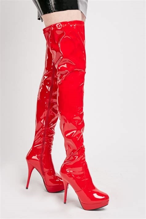 red vinyl thigh high boots nude