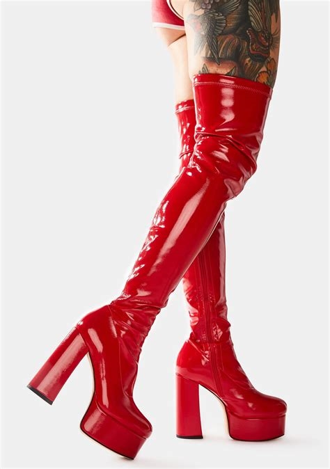 red vinyl thigh high boots nude