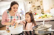 cooking mother daughter asian happy stock kitchen together