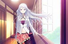 hair anime silver girl eyes purple long shirotsuki hakua game ni odore yamiyo cleavage gray cg female breasts konachan tel