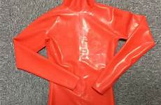 rubber latex swimsuit red leotard long bodysuits back zip sleeved collar plus high jumsuit size