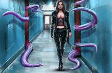 tentacles girl purple abandoned corridor walking through behind illustration