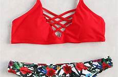 bikini shein cross criss red set print floral bikinis tops romwe wishlist swimwear women crisscross colour