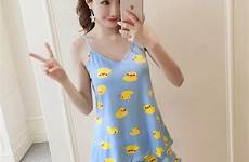 women duck pajama pajamas homewear sleeveless padded pyjamas pijama breast neck lingerie yellow summer sexy sleepwear