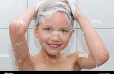 girl year old shower her stock foaming standing hair portrait alamy