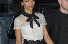 zoe lace pussy saldana day dress gown french tv stuns cannes flirty number hem during bow baring velvet busy legs