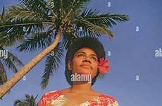 fiji fijian girl pretty stock women stands beneath palm tree date islands island pacific alamy qamea northern area south
