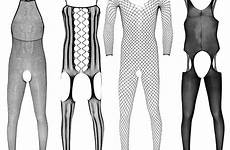 fishnet men lingerie body stocking crotchless long sleeves hollow sheer halter neck through pantyhose stretchy