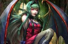 wallpaper succubus anime vampire girl wings background wallpapers wow fantasy hair green desktop evelyn fabric dress wallpapertag computer cool mobile