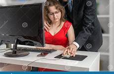 desk secretary boss his office sexual harassment seduced women manager concept workplace previous